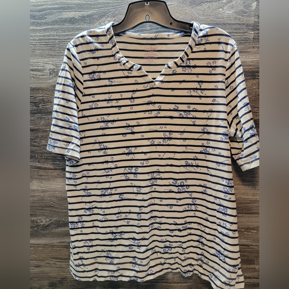 LL Bean 100% Supima Cotton Blue Floral Striped Print Shirt Plus Size Large - Picture 1 of 3